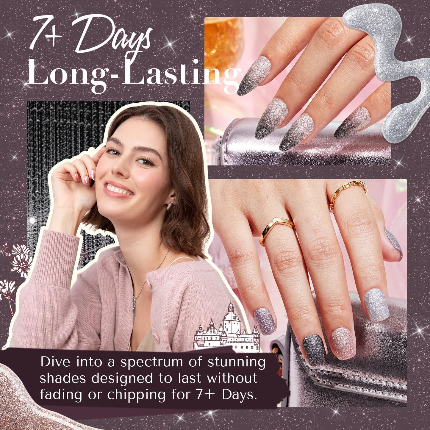 AZUREBEAUTY Matte Glitter Nail Polish Set 4 Colors Diamond Platinum Silver Purple Black Nude Nail Polish Quick Dry Natural Nail Kit with Top Coat DIY Salon Home