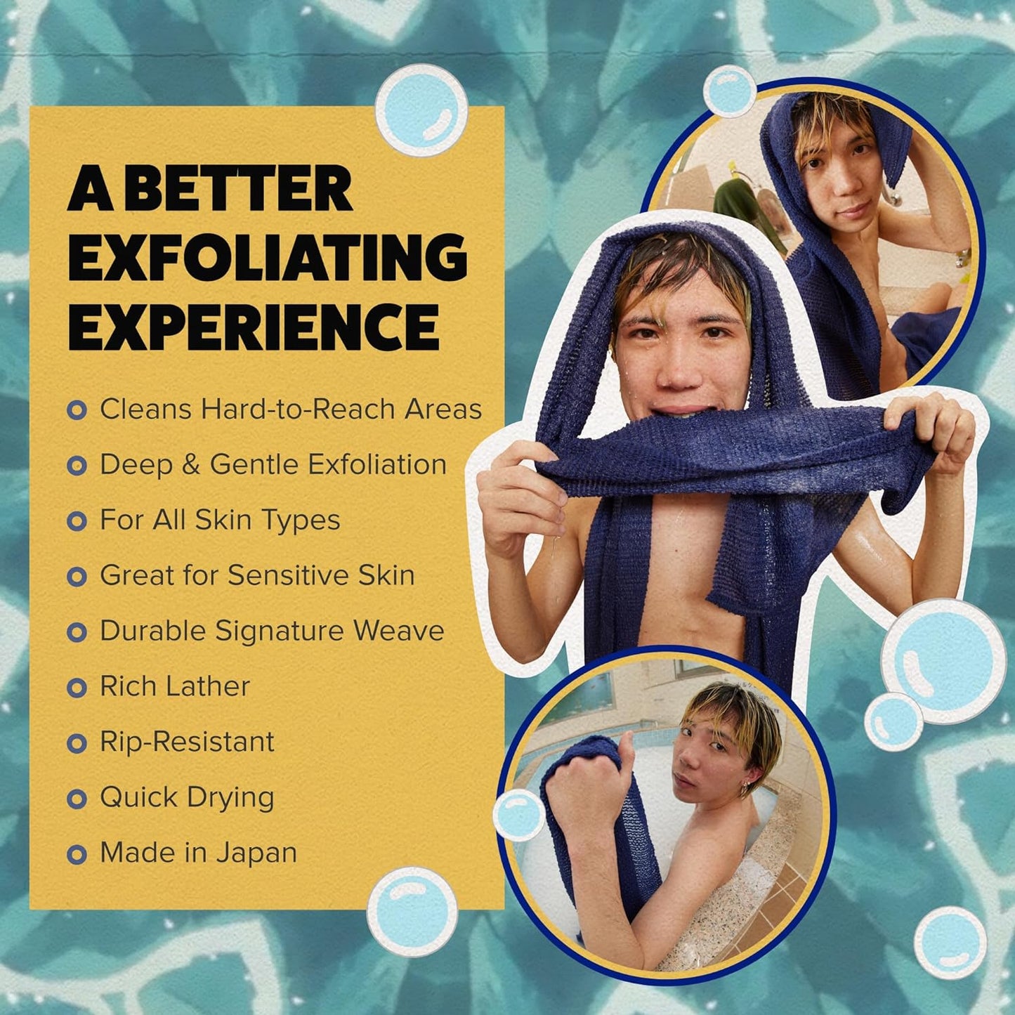 GOSHI Exfoliating Shower Towel - Rip-Resistant Exfoliating Washcloth for All Skin Types - Indigo Blue - Made in Japan