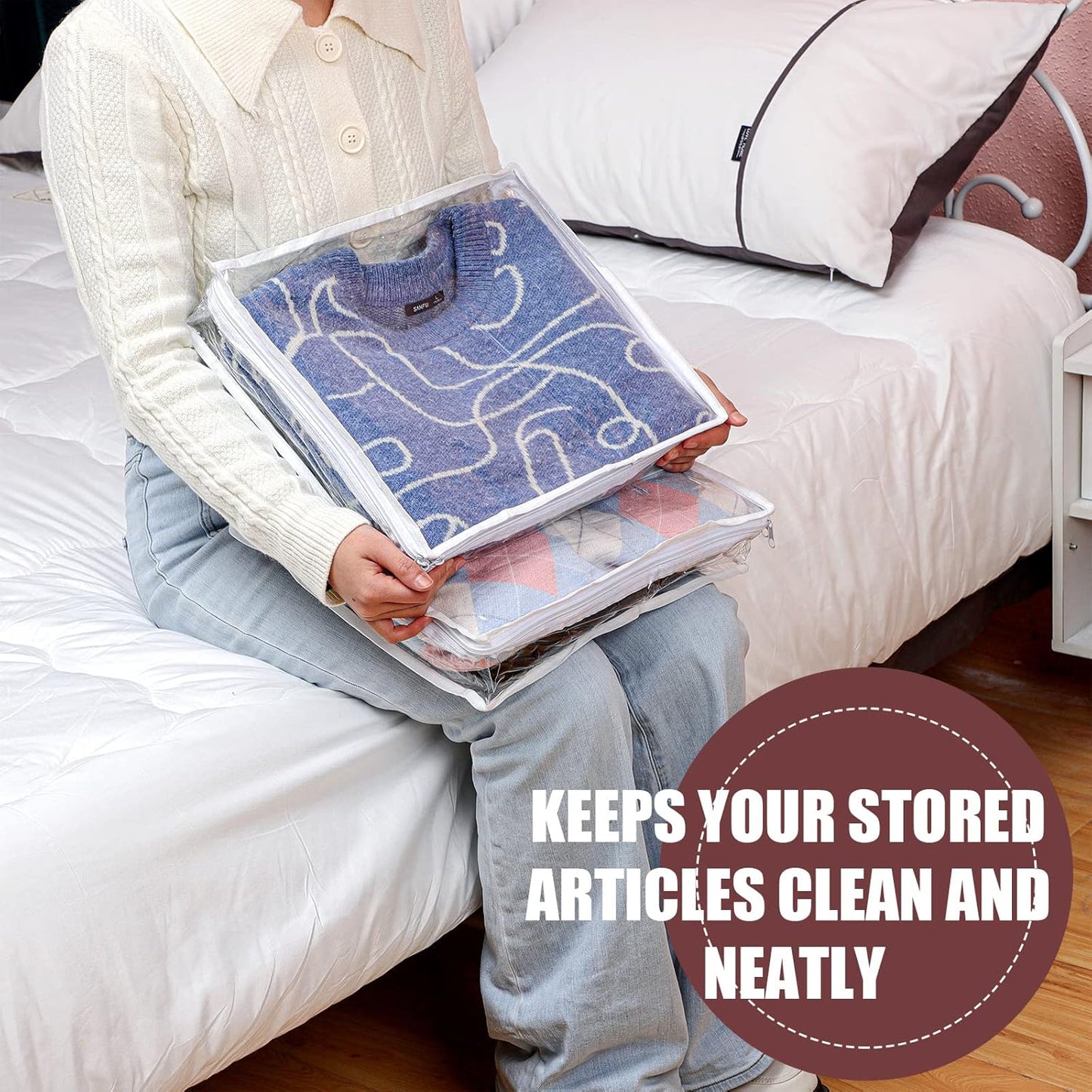 Hoolerry 6 Pieces Sweater Storage Bags Plastic Clear PVC Clothes Storage Bags with Zipper and Label for Blankets Clothes Closet Quilt Pillow Bed Sheet Organizer(14.2 x 12 x 3.2 Inch)