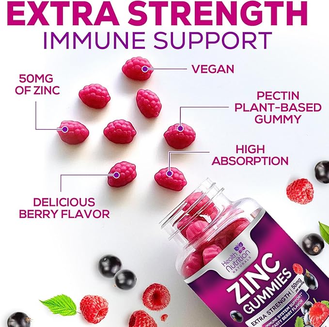 Zinc Gummy for Adults 50mg, Max Strength Bone, Skin & Immune Support Zinc Gummies, Vegan, Non-GMO & Gluten Free, Immune Health Support, Nature’s Antioxidant Chewable Zinc Vitamins - 60 Gummies