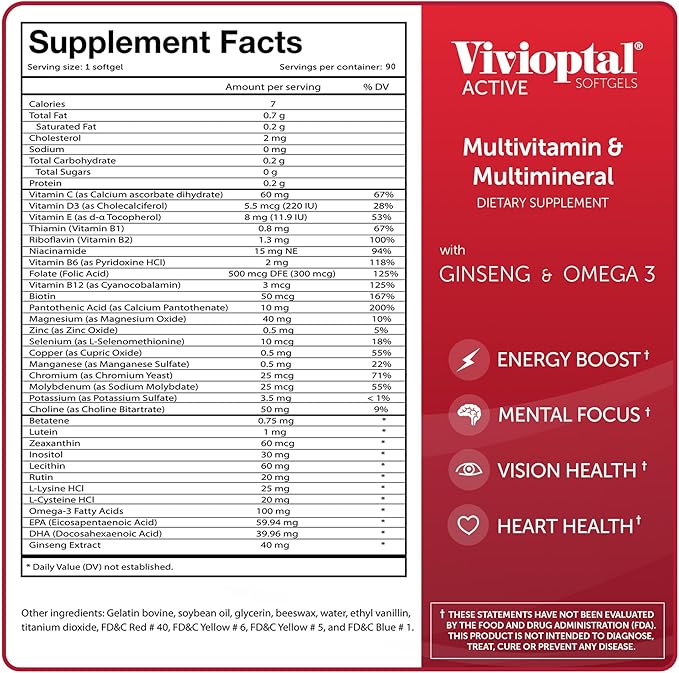 Vivioptal Active, 90 Softgels, Ginseng & Omega 3, Multivitamin & Multimineral, Gluten Free, German Formula