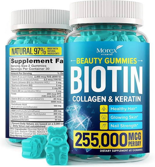 Hair Vitamins Natural Gummies - Biotin Multivitamin for Hair, Skin & Nails with Collagen & Keratin - Anti Aging Collagen Gummy Vitamins for Men & Women - Hair & Nail Growth Gummies - 60psc