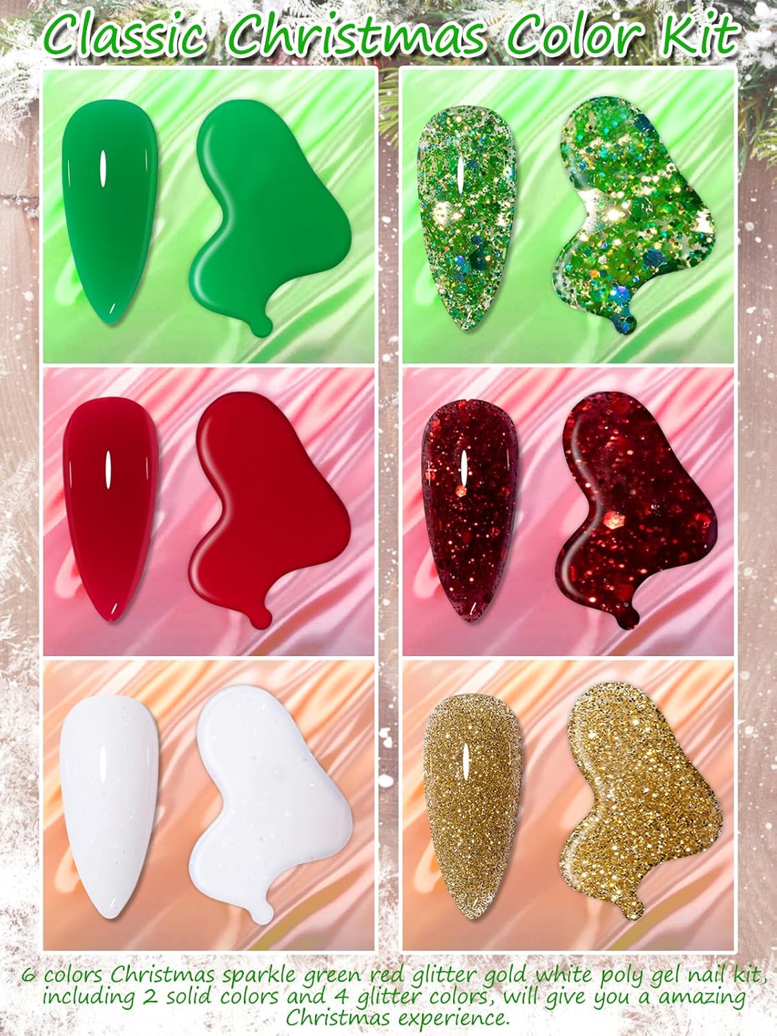 Poly Nail Extension Gel Kit -EBANKU Christmas 6 Colors Poly Nail Gel White Green Red Glitter Golden Classic Colors Christmas Builder Nail Gel Manicure Gift for Nail Art Decoration DIY at Home