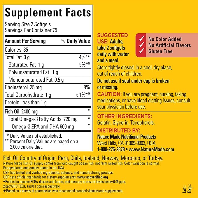 Nature Made Fish Oil 1200 mg Softgels, Fish Oil Supplements, Omega 3 Fish Oil for Healthy Heart Support, Omega 3 Supplement with 150 Softgels, 75 Day Supply