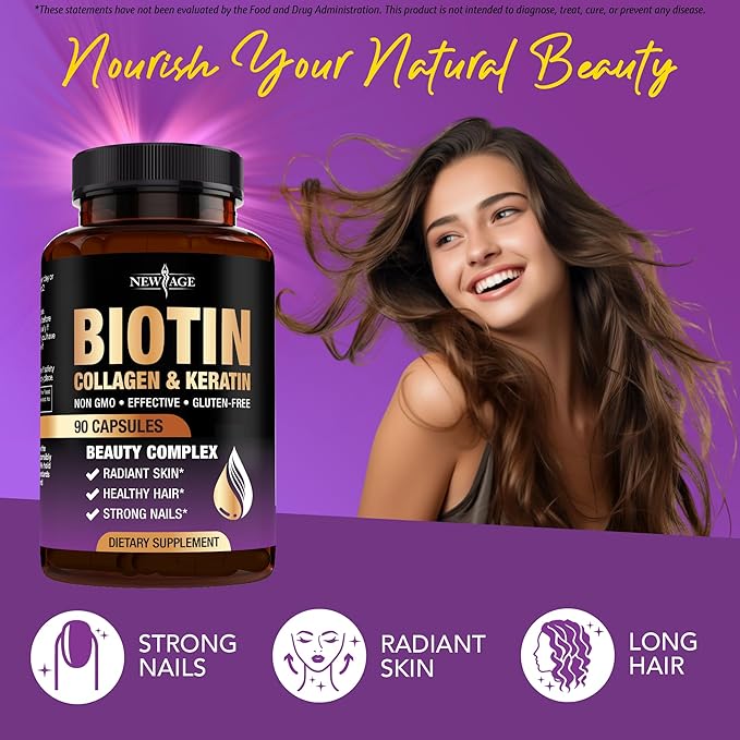 NEW AGE Biotin Collagen Keratin Hyaluronic Acid - 50,000mcg Hair Growth Vitamins for Men and Women, Nails, Hair, Skin Vitamins and DHT Blocker with Vitamin E Folic Acid Pumpkin Seed MSM - 90 Count