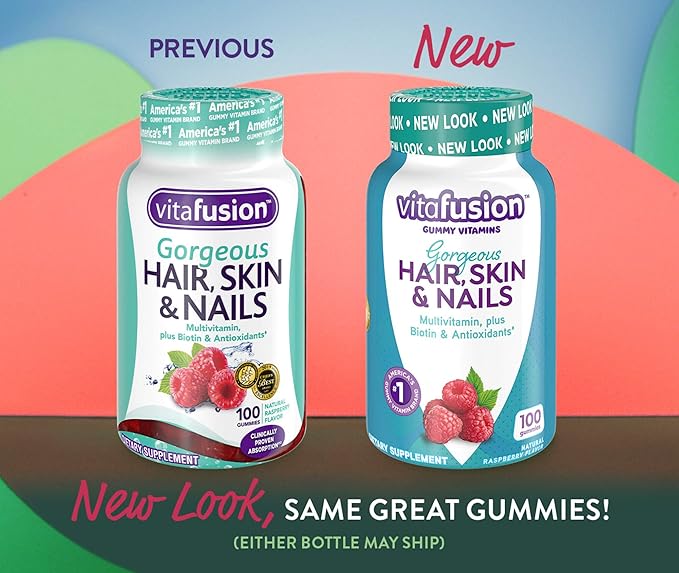 Vitafusion Gorgeous Hair, Skin Nails Multivitamin Gummy Vitamins, plus Biotin and Antioxidant vitamins CE, Raspberry Flavor, 100ct (33 day supply), from America’s Number One Gummy Vitamin Brand