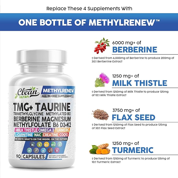 Clean Nutraceuticals TMG Taurine Supplement - Methylated Multivitamin with B6 Vitamins, B12, D3 K2, Magnesium Methylfolate Milk Thistle Omega 3 Turmeric NAC L Carnitine Creatine COQ10 & More, 90 Ct