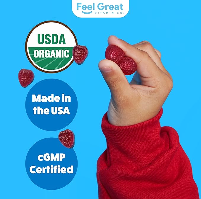 Feel Great USDA Organic Kids Probiotics Gummies | Chewable Strawberry Probiotics for Digestive Health & Immune Support | Plant Based Probiotic & Prebiotic for Kids | 30 Count