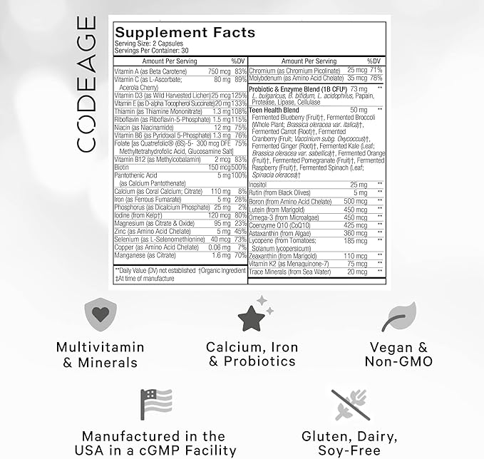 Codeage Teen’s Daily Multivitamin Supplement, 25+ Vitamins & Minerals for Teenage Boys & Girls, Organic Whole Foods Vitamins for Teenagers, Vitamin A, B, C, D, E, K, Omega-3, 60 Ct