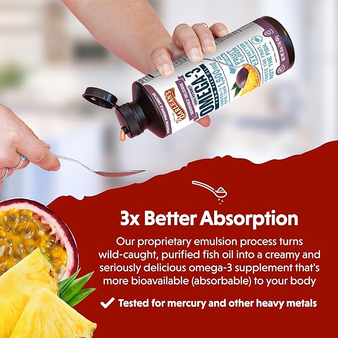 Barlean's Passion Pineapple High Potency Omega 3 Fish Oil Liquid Supplement, 1500mg EPA & DHA Fatty Acid, Smoothie Flavored & Burpless for Brain, Joint, & Heart Health, 16 oz