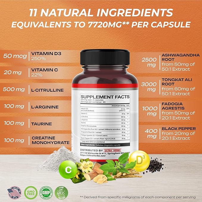 L-Citrulline Supplement Capsules Enriched with L-Arginine, Taurine, Creatine, Tongkat Ali, Fadogia Agrestis | Ultra Nitric Oxide Booster for Muscle Endurance, Stamina & Recovery | 180 Capsules