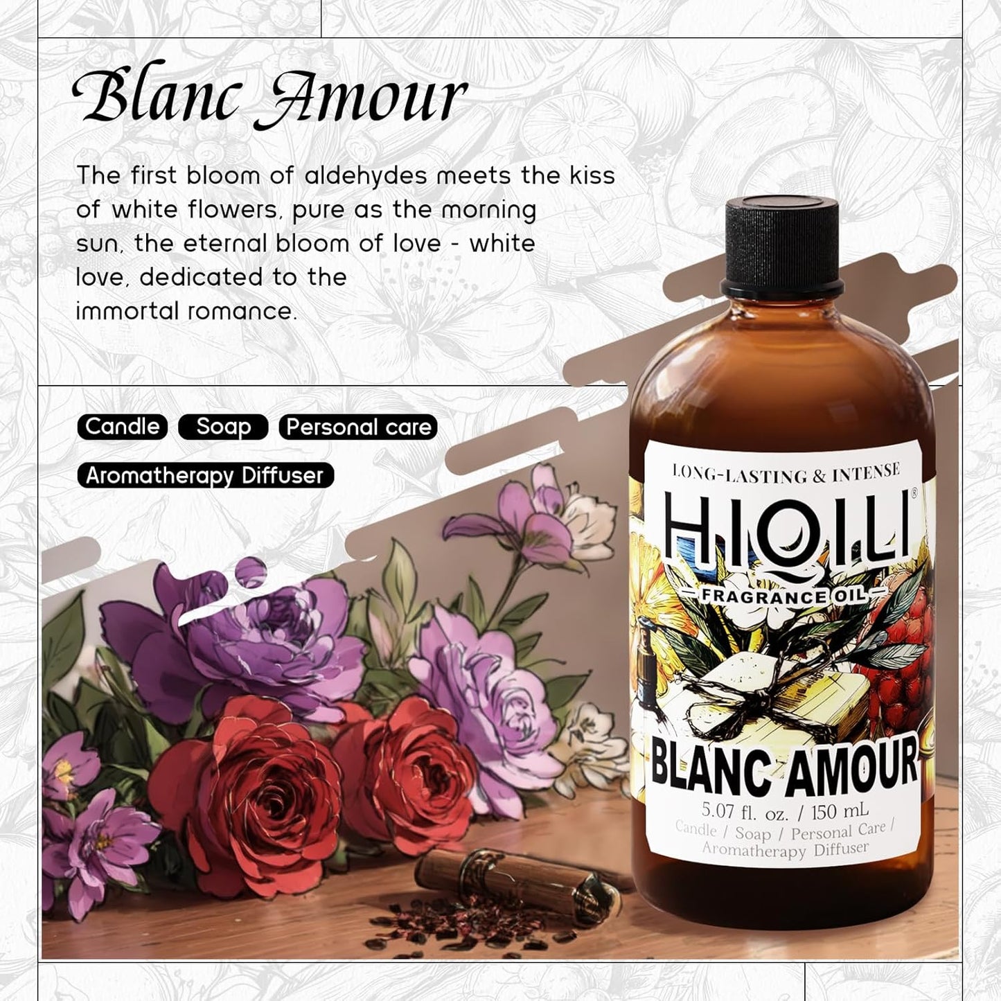 HIQILI Blanc Amour Fragrance Oil - for Candle, Soap & Perfume Making, Inspired by Byrdo Bl.nche, Floral Scent, Add to Body Oil, for Essential Oil Diffuser - 5.07 Fl Oz