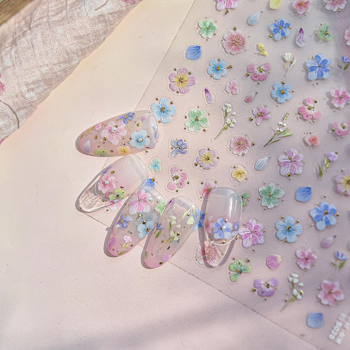 Dried Flower Nail Art Stickers Colorful Flowers Nail Decals for Acrylic Nails 3D Self Adhesive Glitter Designs Nail Sticker Cute Floral Nail Decal Spring Summer Manicure Supplies for Women DIY Decor