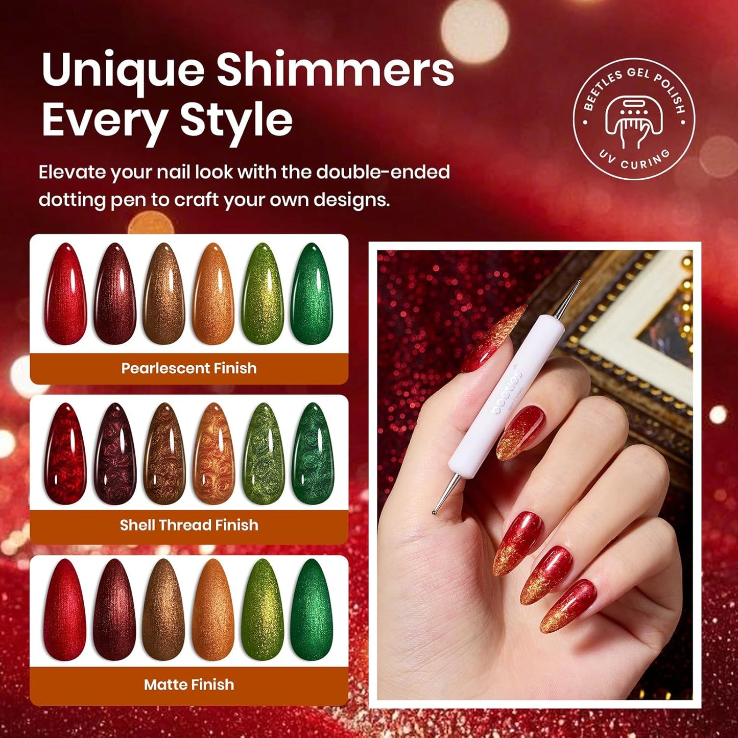 beetles Glitter Gel Nail Polish Set, 6 Colors Glitter Brown Orange Red Green Colors Christmas Nail Drawing Swirl Shell Thread Effect Gel Polish Kit Soak Off Led Nail Gel Polish DIY Mani Gifts
