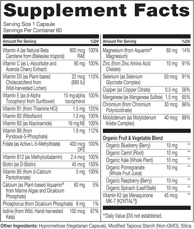 NATURELO One Daily Multivitamin for Women 50+ (Iron Free) - Menopause Support for Women Over 50 - Whole Food Supplement - Non-GMO - No Soy - 60 Capsules - 2 Month Supply