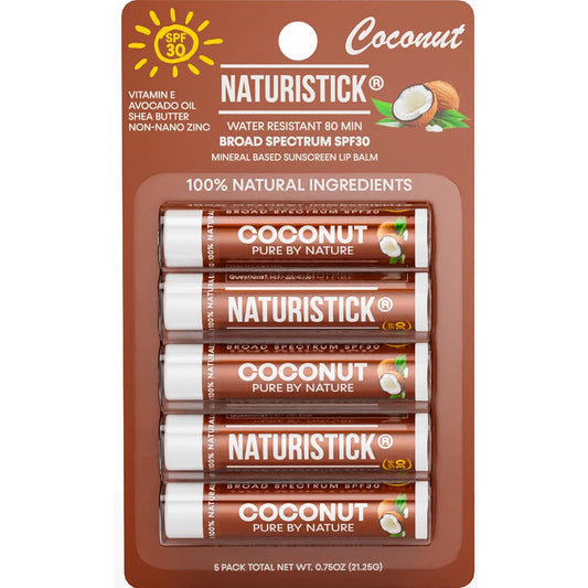 Naturistick SPF 30 Vegan Lip Balm – Mineral Sunscreen with Zinc Oxide | Broad Spectrum UVA/UVB Protection | 100% Natural, Coral-Friendly Formula | Oxybenzone Free | 5-Pack Coconut | Made in USA