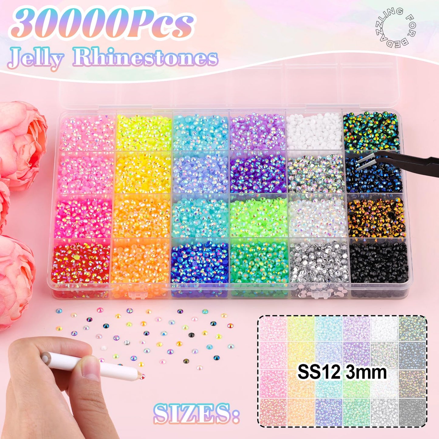 30000Pcs Resin Rhinestones for Bedazzling with B7000 Jewelry Glue, 3MM Colorful Gems Flatback Rhinestones for Crafting, Crystal for DIY Crafts Clothing Tumblers Mugs Shoes Fabric Decor Nail Art