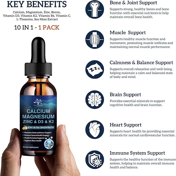 (1 Pack) Magnesium Calcium Zinc Supplement with Vitamin D3 K2 for Women, Magnesium Glycinate Vegan Liquid Drops for Adult Plus L-Theanine Boron Sea Moss Extract, Bone, Sleep & Leg Cramps, 1 Fl Oz