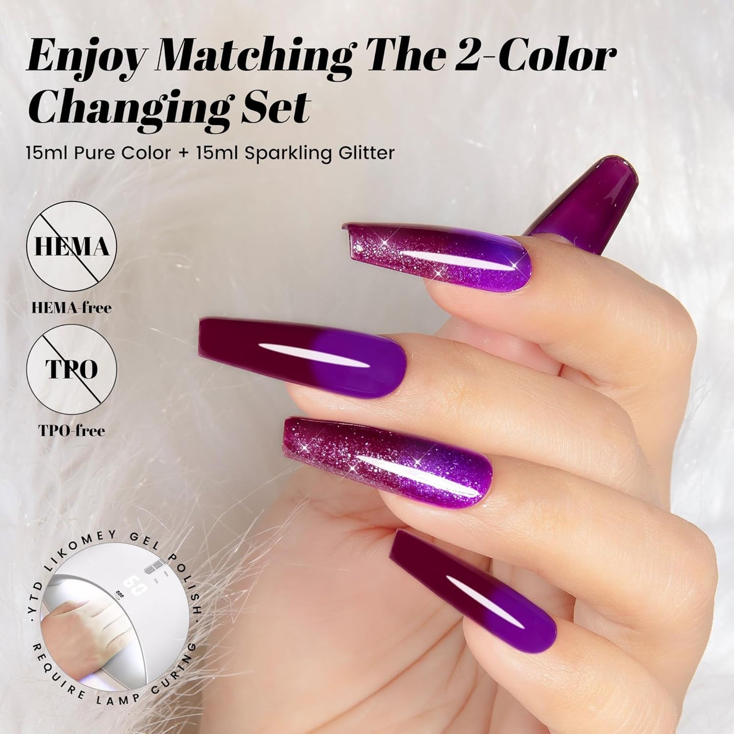 YTD Likomey Color Changing Gel Nail Polish 2 Pcs Set,15ml Purple To Dark Wine Red Pure Color and Glitter Nails Gel Kit,Thermal Ombre Change Colors Salon Manicure Fall Winter UV Varnish,WB2-7