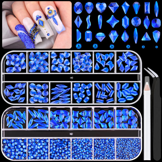 1680Pcs Royal Blue Glass Nail Rhinestones 180Pcs Multi Shapes Flatback Nail Gems + 1500Pcs 1.5-4mm Round Crystal, Manicure Nail Charms Diamond Gemstones for Acrylic Nails Decoration