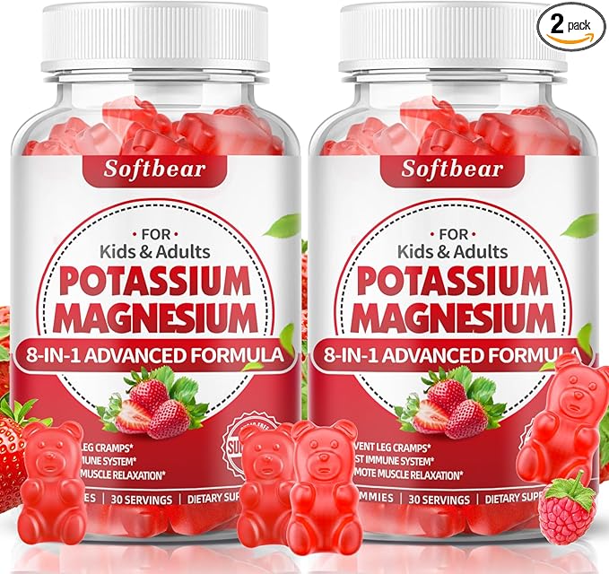 softbear Potassium Gummies for Adults, High Absorption Magnesium Potassium Supplement with Vitamin B6 for Leg Cramps & Muscle Health Sugar-Free Vegan Strawberry 120 Gummies