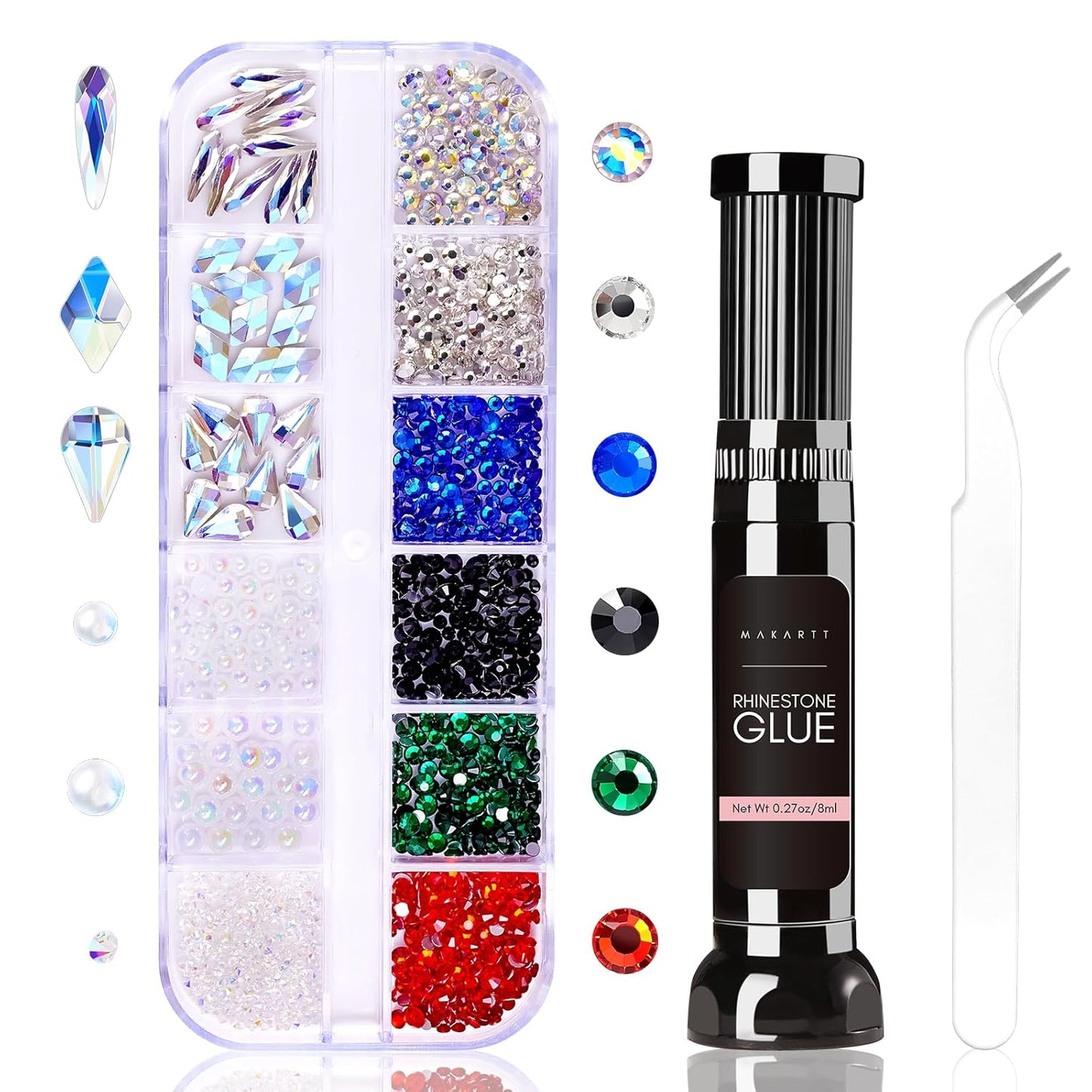 Makartt Rhinestone Glue Kit, 8ml Gel With Brush Pen Tip, Mixed Color Rhinestones, Pearls, Diamonds & Iridescent Crystals for Nail Art, DIY Home Decor, Christmas Design