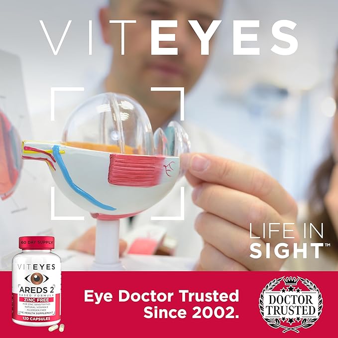 Viteyes AREDS 2 Zinc Free Macular Support, Natural Allergen Free Capsules with Vitamin E, Vitamin C, Lutein & Zeaxanthin, No Zinc, No Copper, Eye Doctor Trusted, Manufactured in The USA, 120 Ct