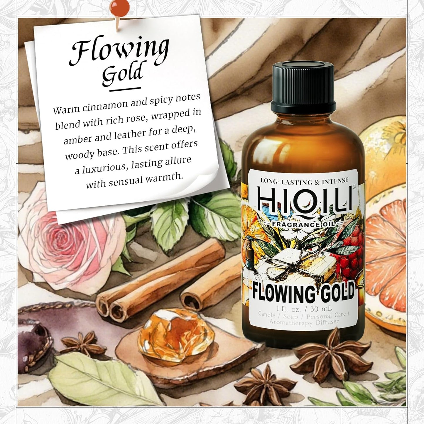 HIQILI Flowing Gold Fragrance Oil - Perfect for Soap & Candles, Inspired by R.Bane One-Mill, Men's Perfumes Making, for Essential Oil Diffusers Use - 1Fl Oz