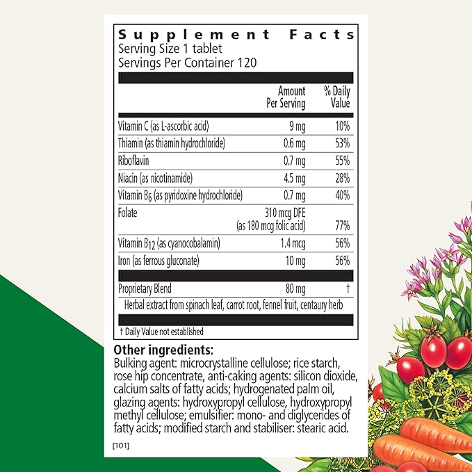 Floradix by Salus Iron Tablets - Energy Support Supplement for Men & Women - Natural Iron Supplement with B Vitamins & Vitamin C - Non-GMO, Vegetarian & Lactose-Free - 120 Tablets