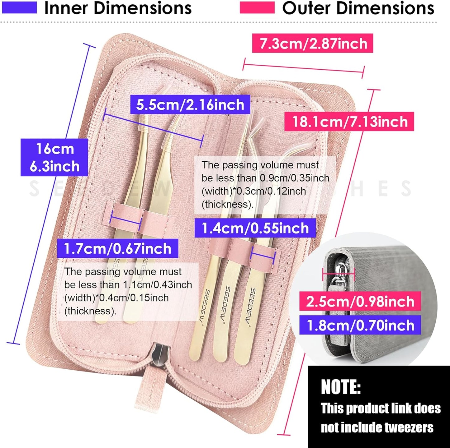 Lash Tweezers Organizer, Eyelash Extension Tweezers Bag, Soft PU 5 Positions Portable Dustproof, Individual Zipper Storage Case Box for Tweezers, Makeup Brush, Slender Small Tools(Pink)