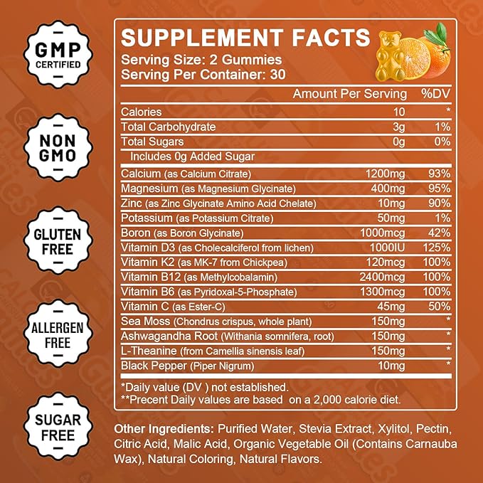1200mg Calcium Gummies with Vitamin D3,K2,B12 & B6 - Plant Complex Calcium Magnesium Supplement with Glycinate,Potassium,Sea Moss,Ashwagandha Root for Bone & Teeth Strength, Muscle & Immune