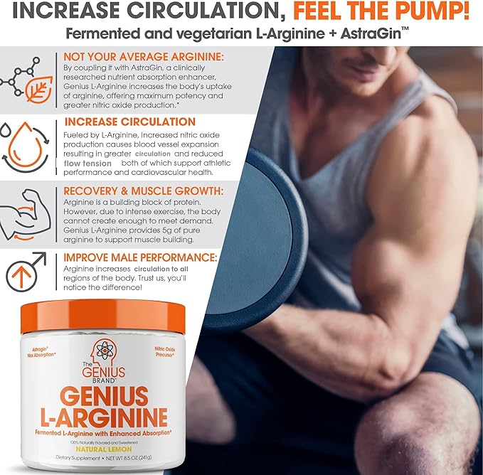 Genius L-Arginine Nitric Oxide Powder - Fermented L- Arginine Nutritional Supplements & Nitric Oxide Booster - Pre Workout, Natural Muscle Builder - 30 Servings, Lemon