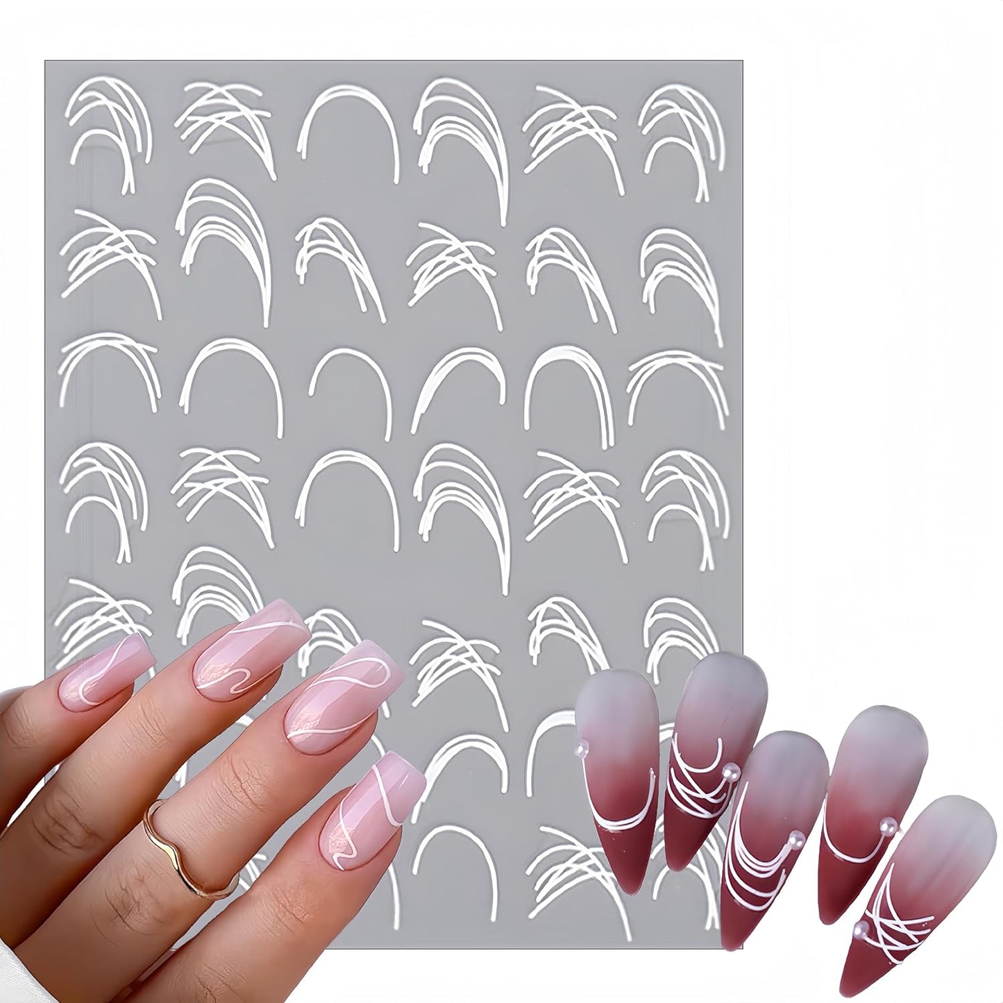 8 Sheets French Line Nail Art Stickers 3D Self-Adhesive Exquisite Gold and Silver White Metallic Designs Nail Decals Irregular French Line Nail Supplies for Women and Girls DIY Nail Art Decoration