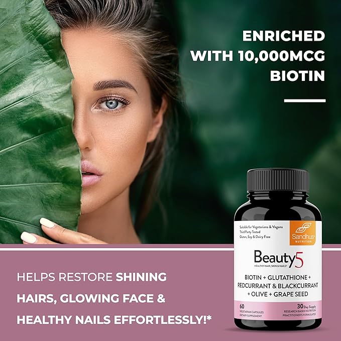 Sandhu's Beauty5 Capsules|60 Vegetarian Capsules| 30 Servings|Skincare Supplement| Supplement for Hair, Skin & Nail- Supports Collagen Synthesis| Keto & Vegan Friendly