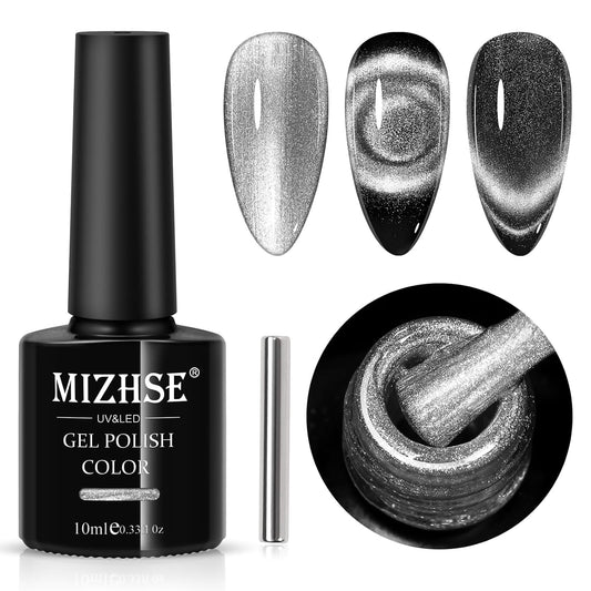 MIZHSE 9D Cat Eye Gel Nail Polish, Silver Magnetic Gel Polish with Magnet Stick, Magic Shimmer Galaxy Effect Holographic Glitter Silky Cat Eye Nail Polish Soak Off Nail Art Salon Manicure DIY at Home