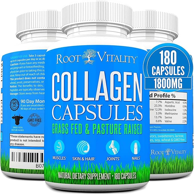 Collagen Peptides Capsules - Grass-Fed, Pasture-Raised Hydrolyzed Protein Supplement for Skin, Hair, & Nails - Non-GMO, Zero Sugar Daily Pills for Men & Women (180 Capsules)