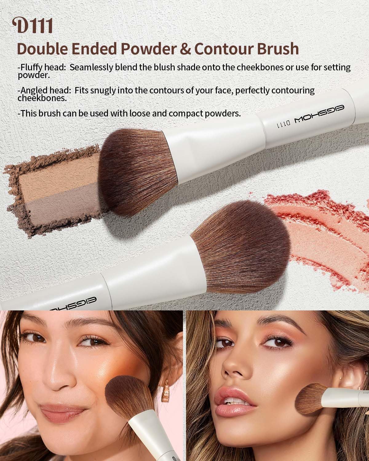 EIGSHOW Makeup Brush Set, 3Pcs Double Ended Face Makeup Brushes for Foundation Powder Contour Highlight Concealer Nose Shadow, Travel Gift Set (Beige)