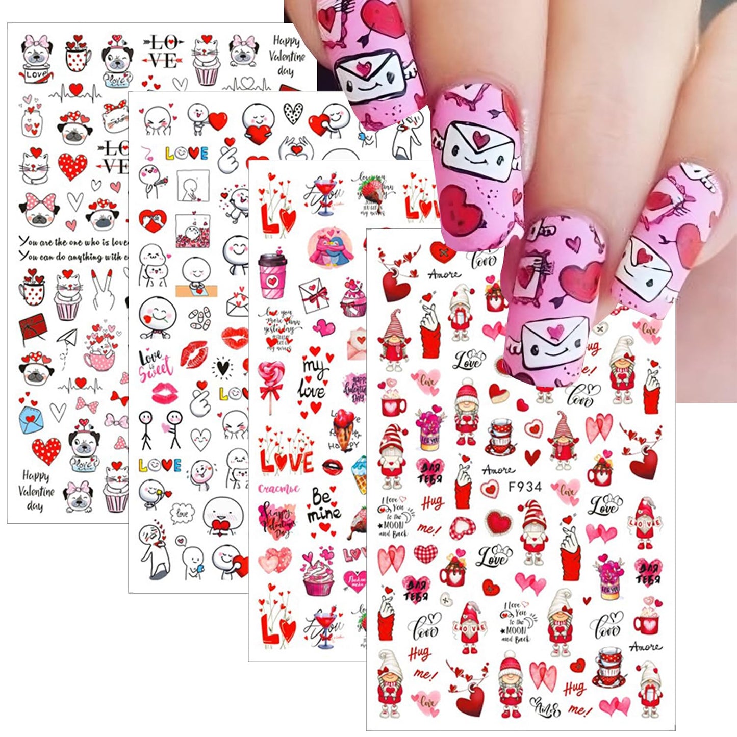 10 Sheets Valentines Day Nail Art Stickers 3D Heart Nail Decals Self-Adhesive Nail Art Design Decals Nail Supplies Red Pink Rose Sexy Lips Love Gnome Nail Stickers for Women DIY Manicure Decoration