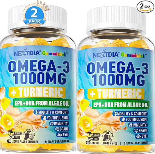 Vegan Omega-3 Gummies 1000mg + Turmeric - Omega 3 Fish Oil Alternative for Adults - Algae Omega DHA 600mg & EPA 300mg, Vitamins A, C, E, Zinc & MSM - Mobility, Immune, Eye & Brain, Sugar Free, 120 Cts