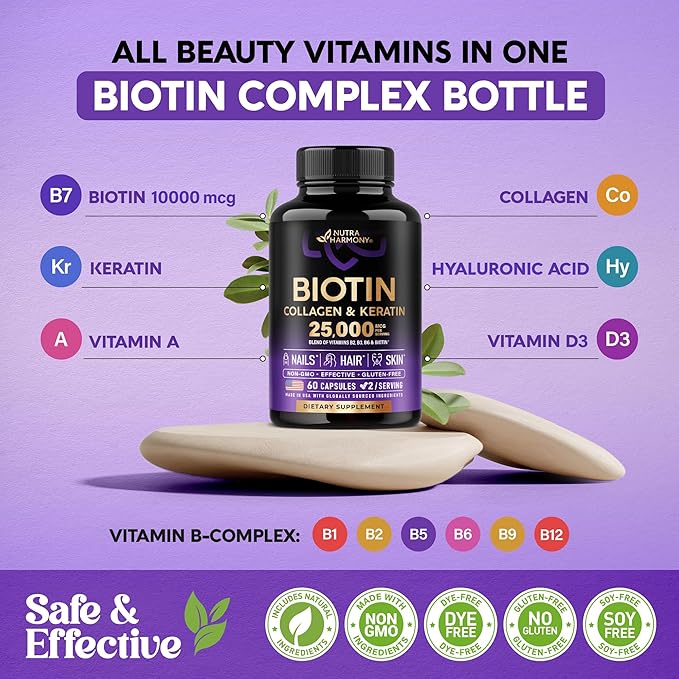 Biotin | Collagen | Keratin - Clinically Tested Supplement - Hair Growth Support - Skin & Nails Complex 25000 mcg - Hyaluronic Acid | B2 | B3 | B6 | B7 - Made in USA - For Women & Men | 60 Capsules