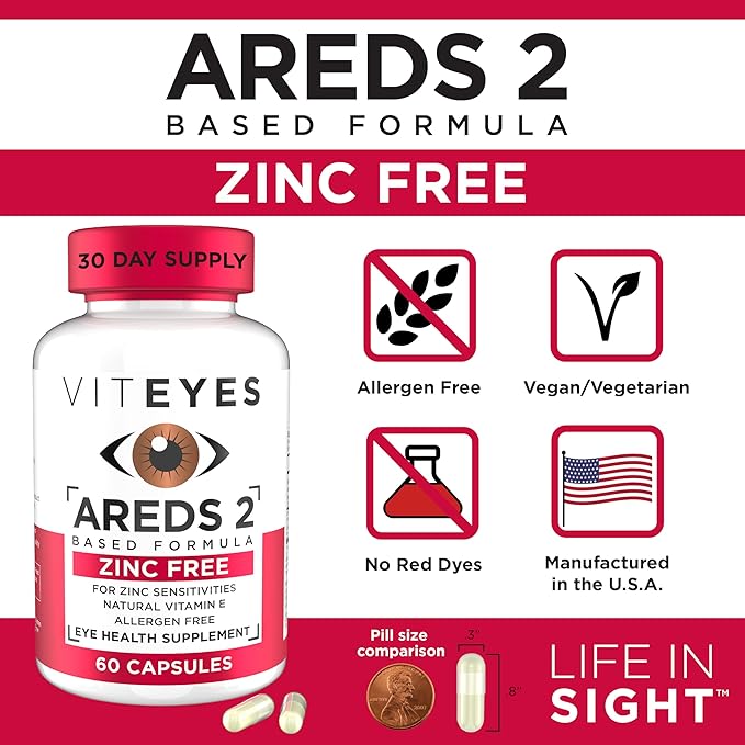 Viteyes AREDS 2 Zinc Free Macular Support, Natural Allergen Free Capsules with Vitamin E, Vitamin C, Lutein & Zeaxanthin, No Zinc, No Copper, Eye Doctor Trusted, Manufactured in The USA, 60 Ct