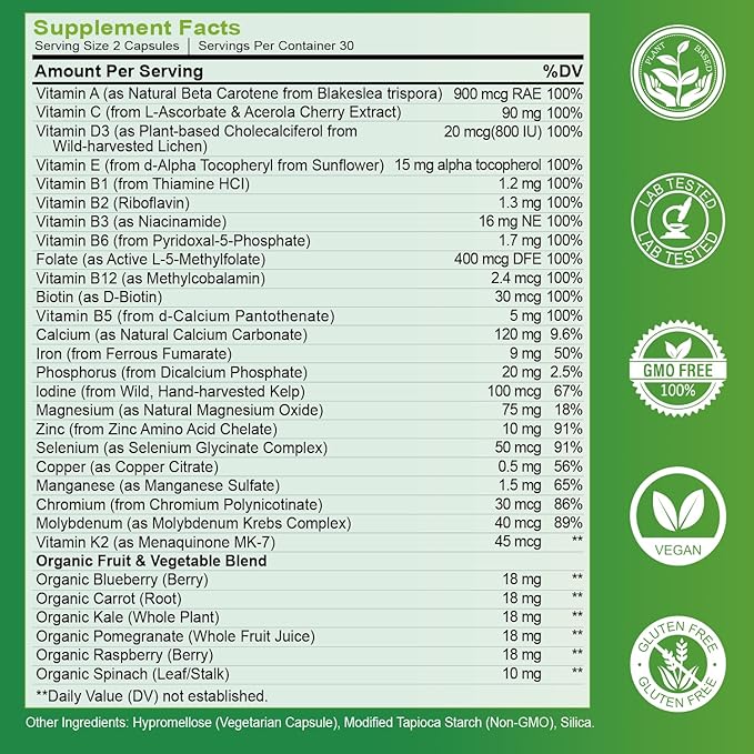 Women Multivitamin 50 Plus, Whole Food Supplement Womens Vitamins Multivitamins Over 50, Organic Extracts for Energy Support, Hair, Skin, Nails Health 120 Capsules