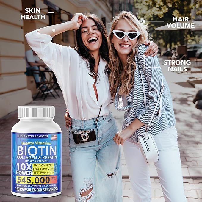 Biotin and Collagen Vitamins + Keratin with Folate - Hair Loss Treatments for Women & Men - Hair, Skin and Nails Supplements for Hair Growth & Postpartum Support - GMO Free & Gluten Free (120 Caps)