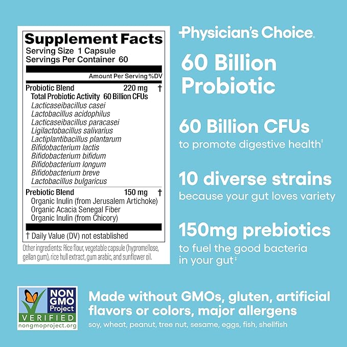 Physician's CHOICE Probiotics 60 Billion CFU - 10 Strains + Organic Prebiotics - Immune, Digestive & Gut Health - Supports Occasional Constipation, Diarrhea, Gas & Bloating - for Women & Men - 60ct