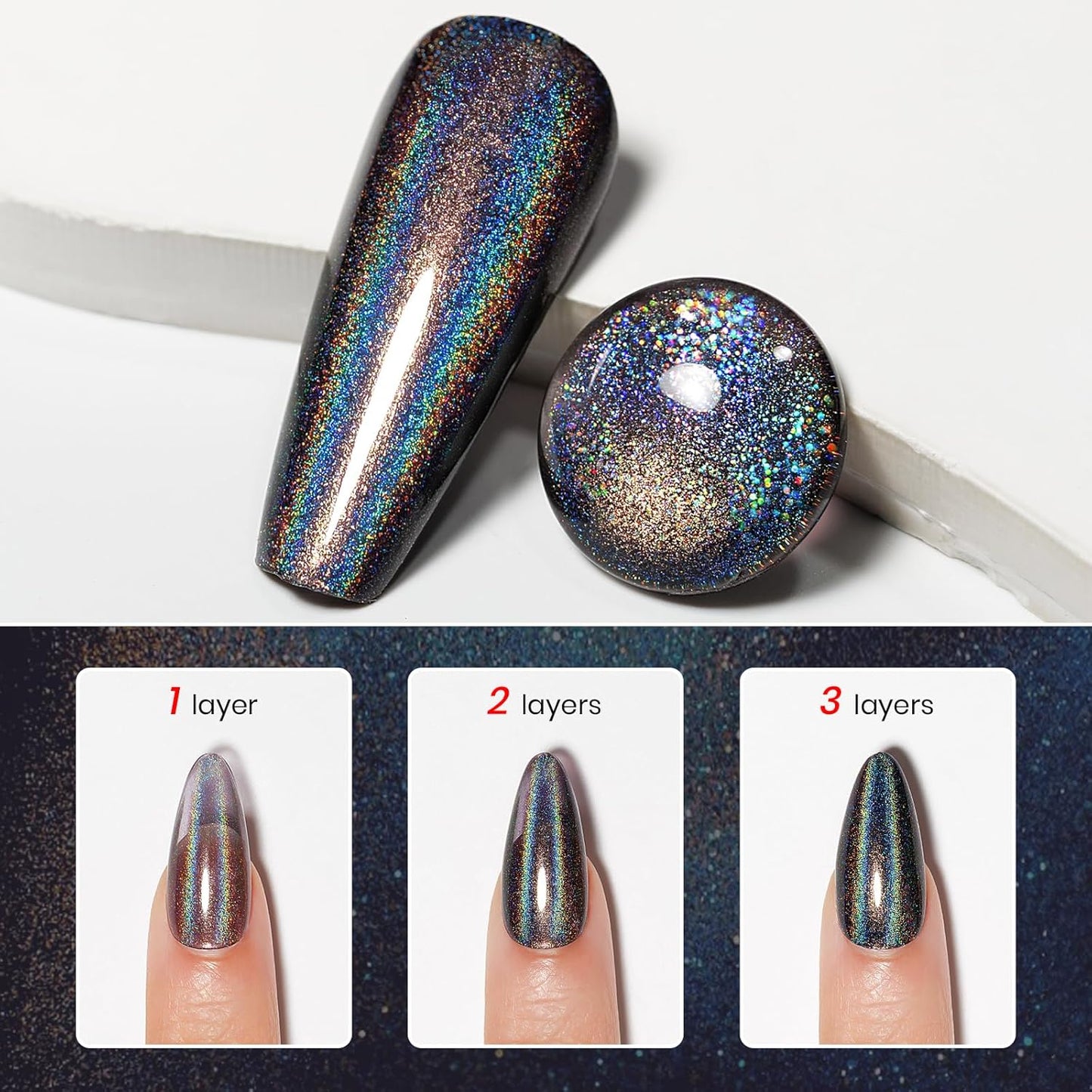 MIZHSE Holographic Nail Polish, Black Glitter Nail Polish Air Dry Fast, 15 ml 0.5 fl oz High Glossy Shiny Nail Pigment Oil-based Laser Iridescent Chrome Halo Nail Art Salon Manicure Home