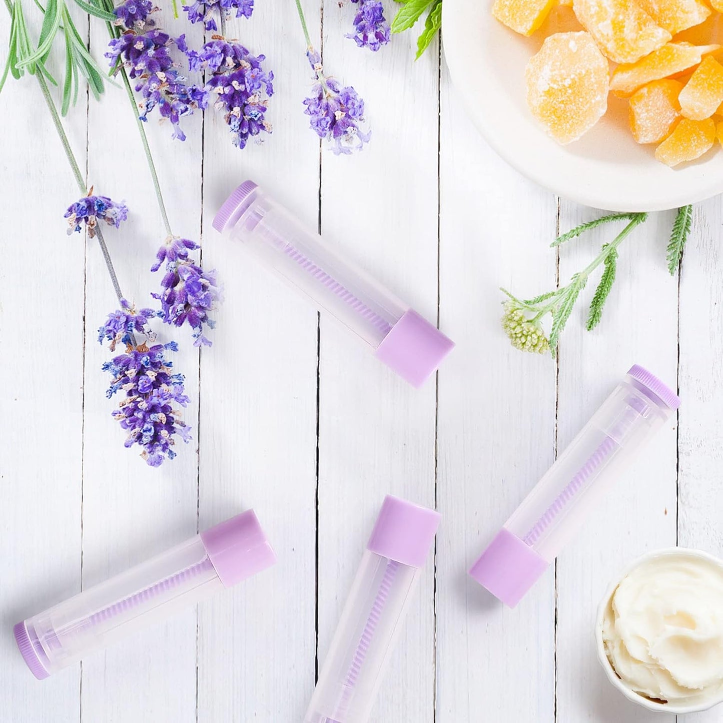 LotFancy Lip Balm Tubes Empty, 60PCS 5.5ml (3/16 Oz), Clear Lip Balm Container Tubes with Purple Caps, BPA Free & Leak Free, Refillable