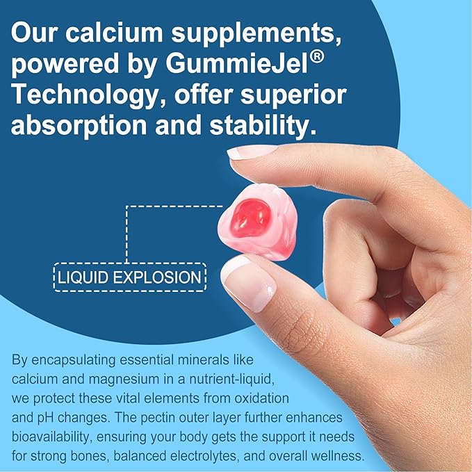 Calcium Citrate 1000mg Filled Gummies + Vitamin D3, Magnesium, Potassium, Zinc & B6 - Bones Strength, Muscle & Immune Support - Sugar Free Calcium Supplement for Women Men, Vegan Calcium Chews, 60Cts