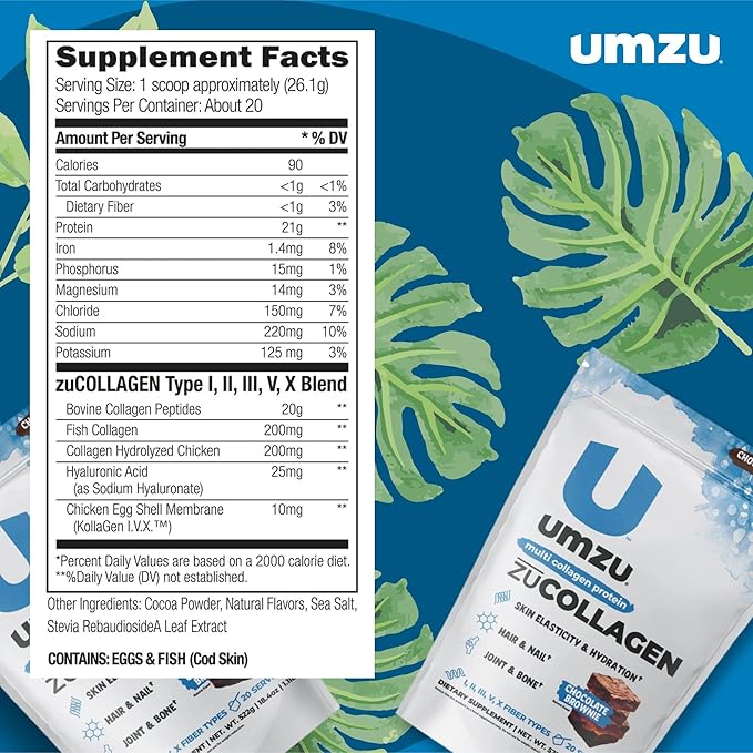 UMZU ZuCollagen Hydrolyzed Protein Powder | 5 Collagen Peptide Types for Healthy Hair, Skin, Nails, Joints & Gut | Low Calorie, High Protein (20g Protein per Serving | Chocolate)
