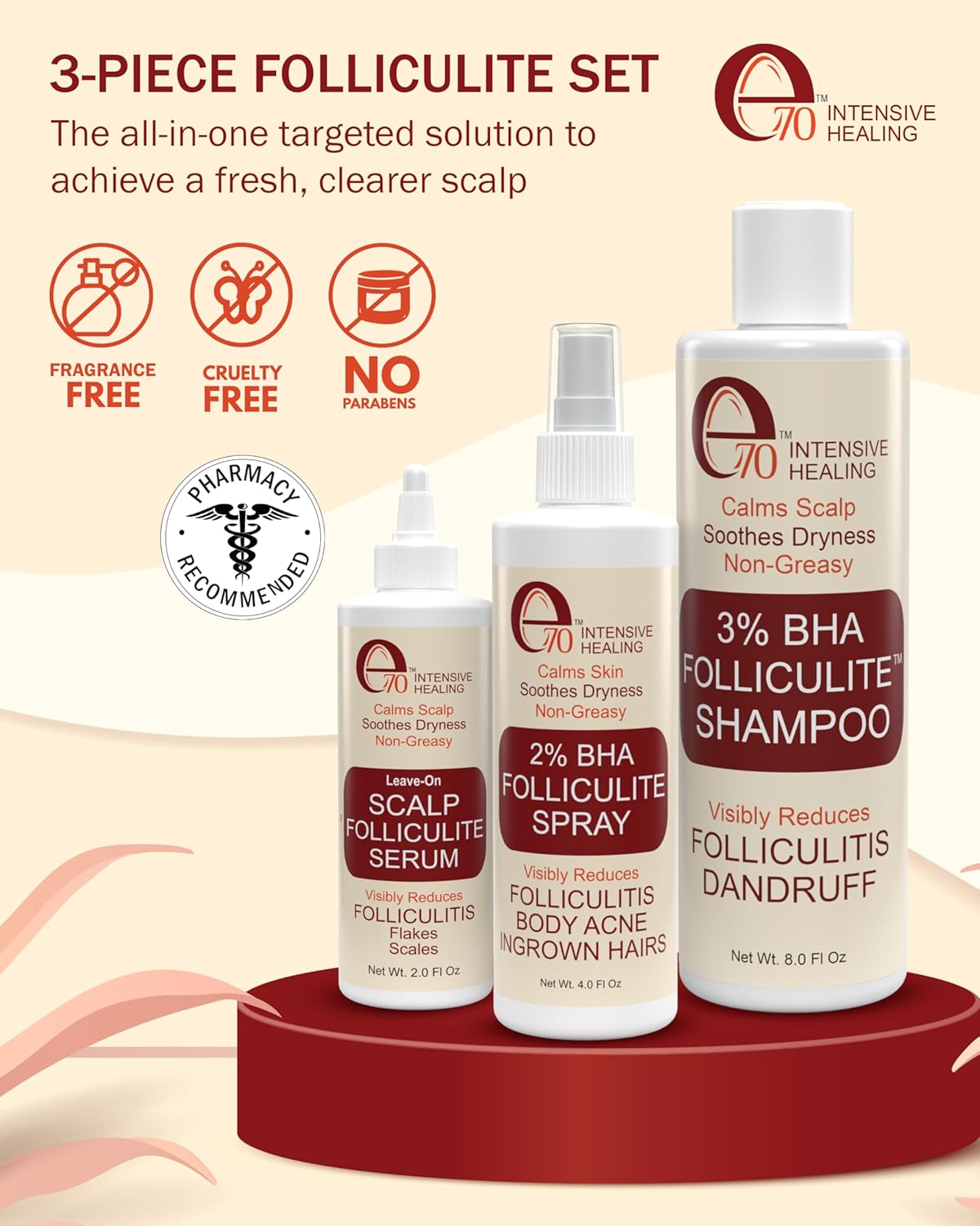 Folliculitis 3-Piece Set - Folliculitis Shampoo, Dry Scalp Serum & Body Spray with Salicylic Acid, Tea Tree Oil & Peppermint Oil - Soothes Itchy Scalp, Razor Bumps & Blemishes by e70