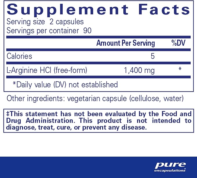 Pure Encapsulations L-Arginine - 1,400 mg - Support Nitric Oxide Production - Heart Health & Blood Flow - Gluten Free & Non-GMO - 180 Capsules